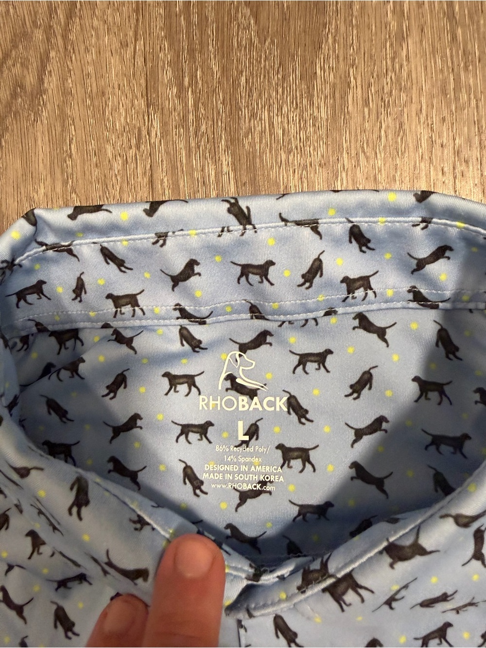Rhoback Polo Shirt Mens Large Blue Lab Dog Print Golf Performance Stretch Top - Picture 2 of 5